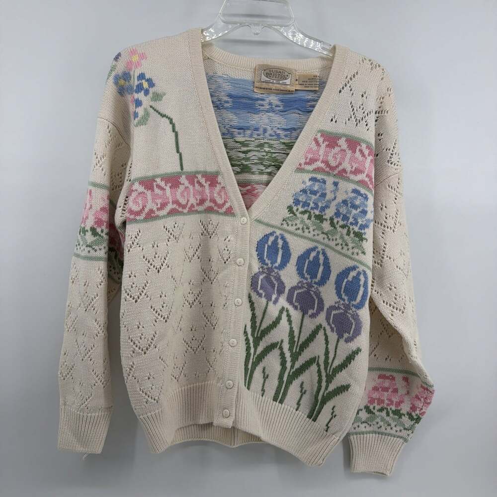 VTG Susan Bristol 1988 Cardigan Sweater Womens Medium Ivory Floral Cotton Blend